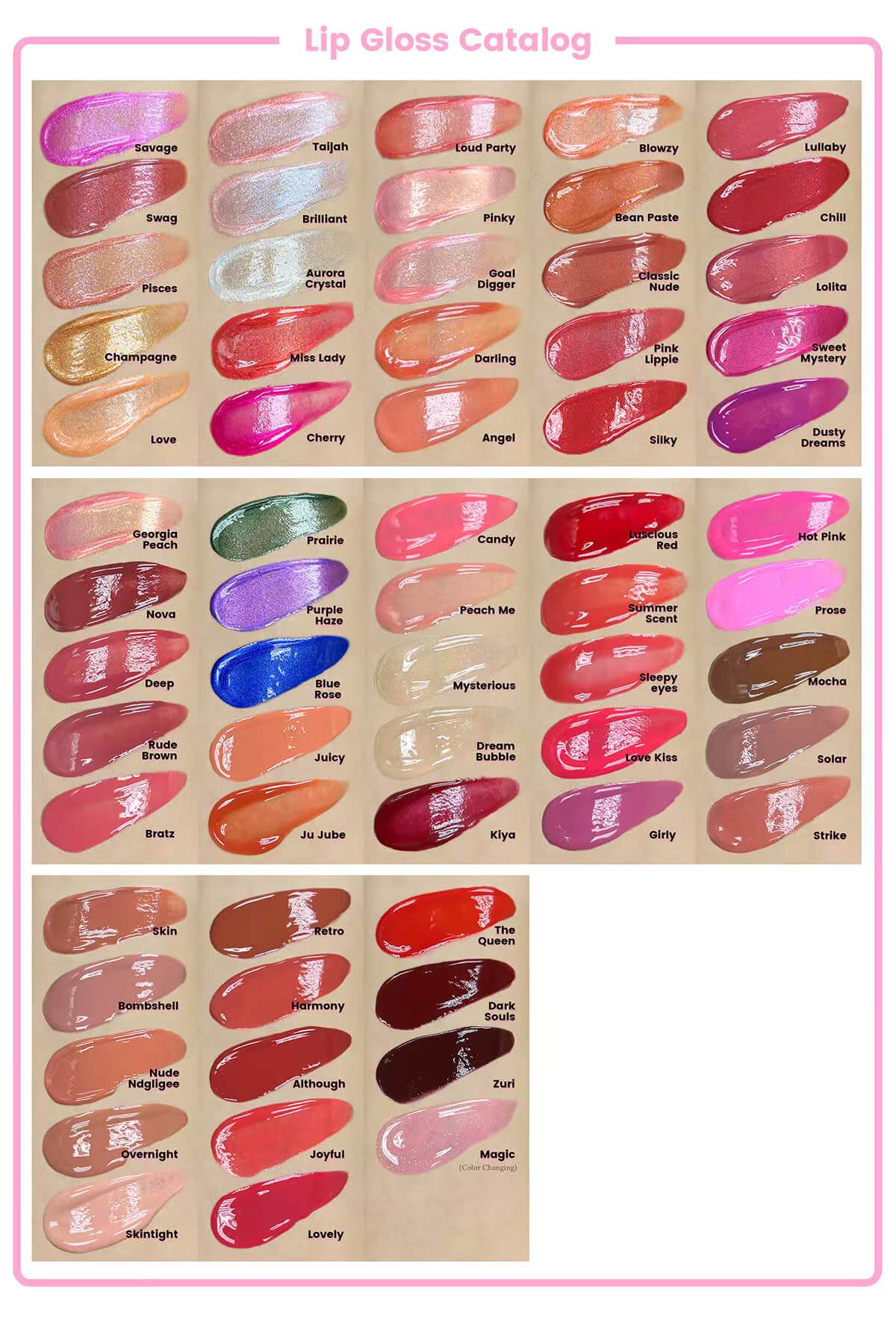 Assorted lip gloss color swatches